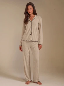 Athîral Lazeform Casual Loose Oversized Super Soft Draped Lightweight Summer Knit Khaki Fabric Women Ruffle Trim, Fall Winter Clothes - Khaki - View 3