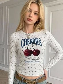 青少年女孩可愛波點櫻桃印花長袖秋季上衣 T-shirt，返校季 - 白色 - 查看 3