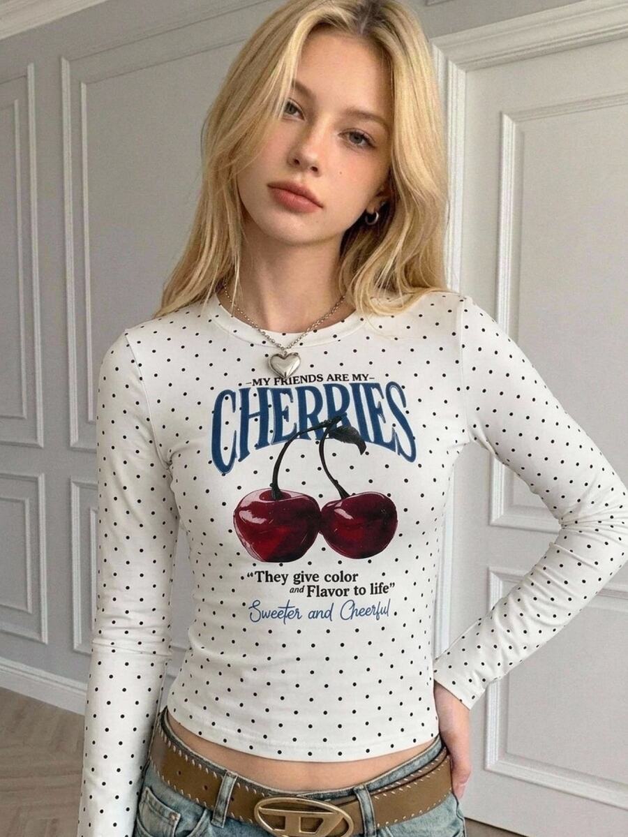 Teen Girls Cute Polka Dot Cherry Print Long Sleeve Fall Tops T-Shirt, Back To School - White - View 1