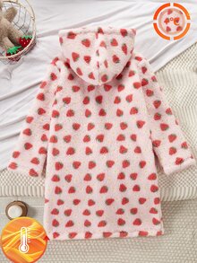 1 Set Girls' Pink Strawberry All-Over Print Hooded Button-Up Plush Robe, Thick Fleece Fabric, Autumn/Winter Loungewear - Pink - View 2