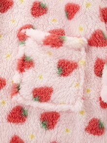 1 Set Girls' Pink Strawberry All-Over Print Hooded Button-Up Plush Robe, Thick Fleece Fabric, Autumn/Winter Loungewear - Pink - View 6