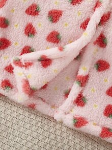 1 Set Girls' Pink Strawberry All-Over Print Hooded Button-Up Plush Robe, Thick Fleece Fabric, Autumn/Winter Loungewear - Pink - View 7