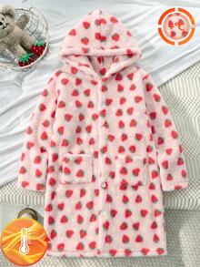 1 Set Girls' Pink Strawberry All-Over Print Hooded Button-Up Plush Robe, Thick Fleece Fabric, Autumn/Winter Loungewear - Pink - View 5