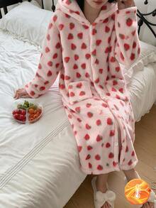 1 Set Girls' Pink Strawberry All-Over Print Hooded Button-Up Plush Robe, Thick Fleece Fabric, Autumn/Winter Loungewear - Pink - View 3