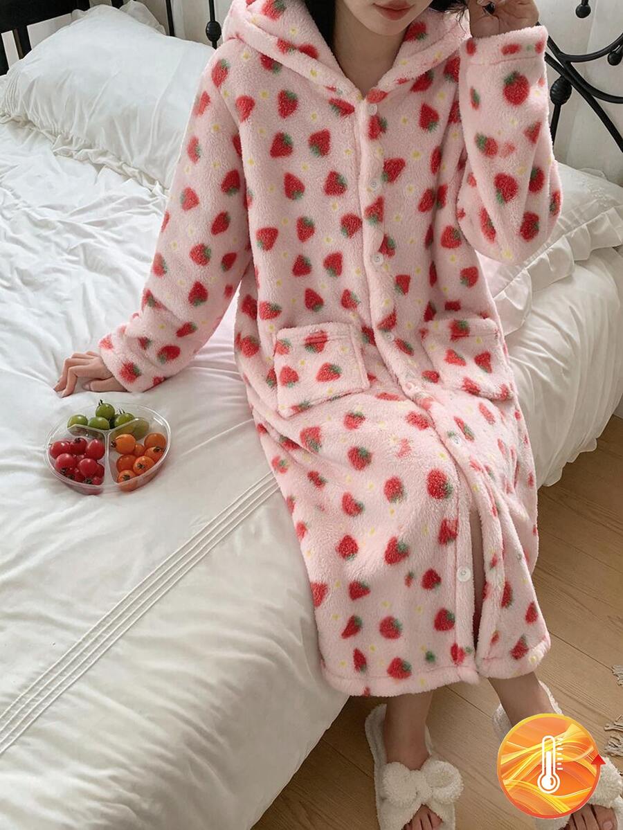 1 Set Jubah Berkerudung Kancing Depan Motif Stroberi Merah Muda untuk Anak Perempuan, Kain Bulu Tebal, Pakaian Santai Musim Gugur/Dingin - Berwarna merah muda - View 1