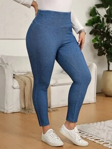 SHEIN CURVE+ Celana Jeans Wanita Ukuran Besar Model Slim Fit Kasual Serbaguna dengan Motif Bordir - Biru - View 6