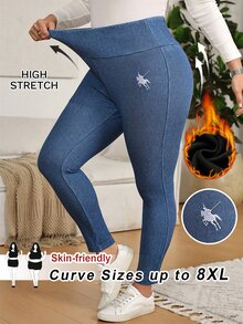 SHEIN CURVE+ Celana Jeans Wanita Ukuran Besar Model Slim Fit Kasual Serbaguna dengan Motif Bordir - Biru - View 1