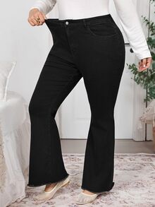 SHEIN CURVE+ بنطلون جينز نسائي مقاس كبير بخصر عالي وساق واسعة بلون موحد - الأسود - مشاهدة 8