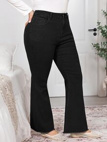 SHEIN CURVE+ بنطلون جينز نسائي مقاس كبير بخصر عالي وساق واسعة بلون موحد - الأسود - مشاهدة 4