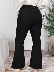 SHEIN CURVE+ بنطلون جينز نسائي مقاس كبير بخصر عالي وساق واسعة بلون موحد - الأسود - مشاهدة 2