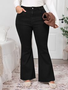 SHEIN CURVE+ بنطلون جينز نسائي مقاس كبير بخصر عالي وساق واسعة بلون موحد - الأسود - مشاهدة 7