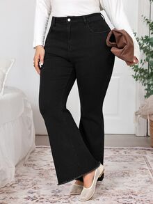 SHEIN CURVE+ بنطلون جينز نسائي مقاس كبير بخصر عالي وساق واسعة بلون موحد - الأسود - مشاهدة 5