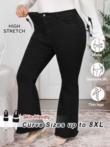 SHEIN CURVE+ بنطلون جينز نسائي مقاس كبير بخصر عالي وساق واسعة بلون موحد - الأسود - مشاهدة 1