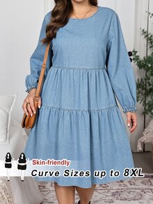 SHEIN CURVE+ Gaun Denim Longgar Lengan Lentera dengan Hem Berumbai untuk Wanita Ukuran Plus - Biru - View 1