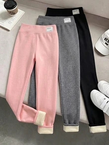 SHEIN Tween Girls Thermal Lined Ribbed Leggings 3pcs Set, Black Pink Grey Faux Patch, Back To School - Multicolor - View 1