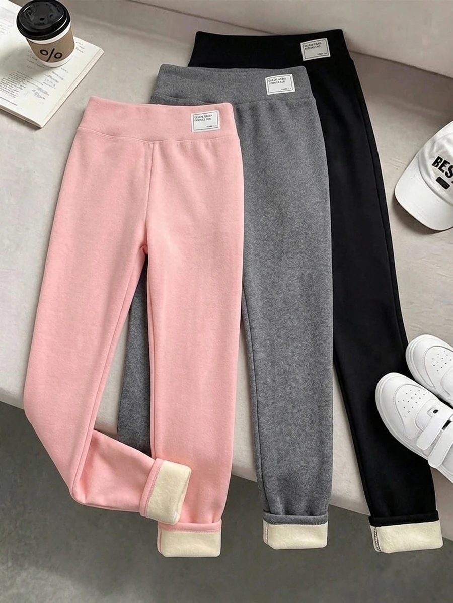 SHEIN Tween Girls Thermal Lined Ribbed Leggings 3pcs Set, Black Pink Grey Faux Patch, Back To School - Multicolor - View 1