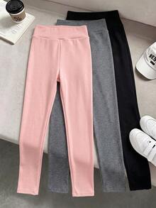 SHEIN Tween Girls Thermal Lined Ribbed Leggings 3pcs Set, Black Pink Grey Faux Patch, Back To School - Multicolor - View 2