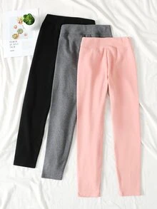 SHEIN Tween Girls Thermal Lined Ribbed Leggings 3pcs Set, Black Pink Grey Faux Patch, Back To School - Multicolor - View 6