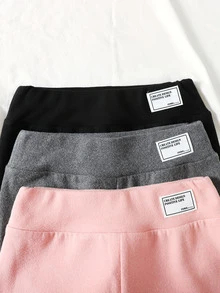 SHEIN Tween Girls Thermal Lined Ribbed Leggings 3pcs Set, Black Pink Grey Faux Patch, Back To School - Multicolor - View 7
