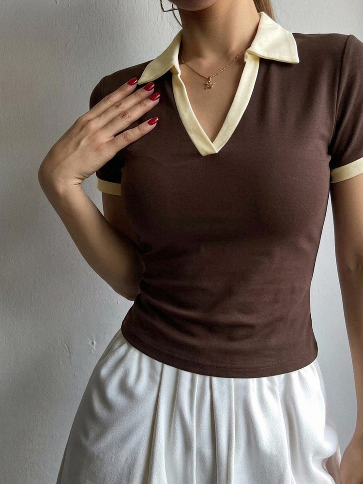 DAZY Contrast Trim Polo Neck Tee - Coffee Brown - View 2