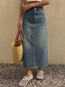 DAZY Women's Long Denim A-Line Skirt, Pencil Skirt School - Medium Wash - View 2