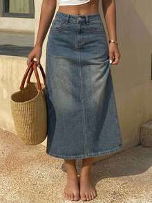 DAZY Women's Long Denim A-Line Skirt, Pencil Skirt School - Medium Wash - View 3