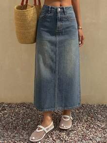 DAZY Women's Long Denim A-Line Skirt, Pencil Skirt School - Medium Wash - View 5