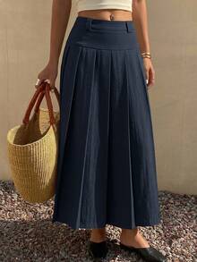 Dazy Star Women Solid Color Zip-Up Casual Versatile Skirt - Navy Blue - View 1