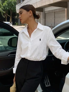 DAZY Women's Casual Embroidered Loose Long Sleeve Turndown Collar Blouse, Fashion & Versatile For Spring/Summer,Fall Clothes - White - View 1