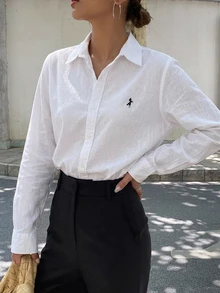 DAZY Women's Casual Embroidered Loose Long Sleeve Turndown Collar Blouse, Fashion & Versatile For Spring/Summer,Fall Clothes - White - View 2