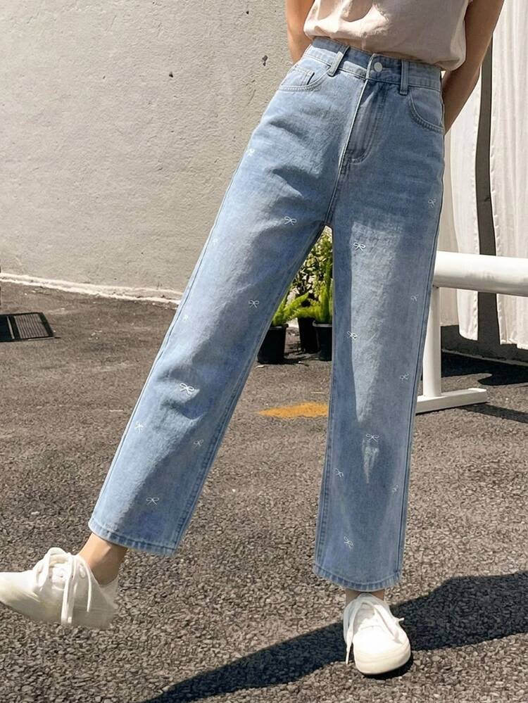 DAZY Casual Washed Bow Embroidery Straight Leg Jeans Cute Tops - Blue - View 5