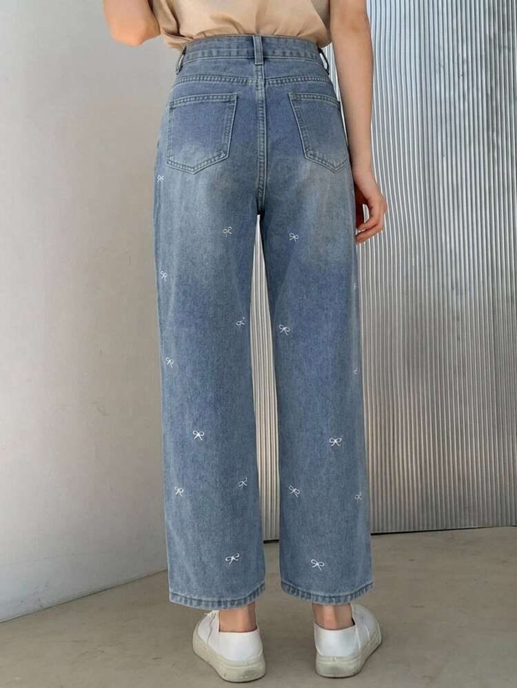 DAZY Casual Washed Bow Embroidery Straight Leg Jeans Cute Tops - Blue - View 2