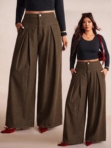 Elaquor 大尺碼休閒棕色西裝圖案百褶牛仔褲，休閒百搭牛仔褲，女款高腰褲，保暖丹寧面料，優雅辦公穿搭 - 棕色 - 查看 9