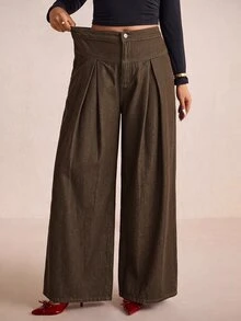 Elaquor 大尺碼休閒棕色西裝圖案百褶牛仔褲，休閒百搭牛仔褲，女款高腰褲，保暖丹寧面料，優雅辦公穿搭 - 棕色 - 查看 7