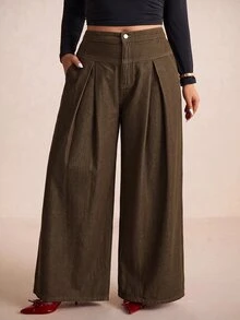 Elaquor 大尺碼休閒棕色西裝圖案百褶牛仔褲，休閒百搭牛仔褲，女款高腰褲，保暖丹寧面料，優雅辦公穿搭 - 棕色 - 查看 5