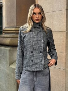 Aloruh Women's Autumn/Winter Double-Breasted Textured Fabric Regular Jacket,New Fall Styles Office Black And White Elegant - Grey - View 5