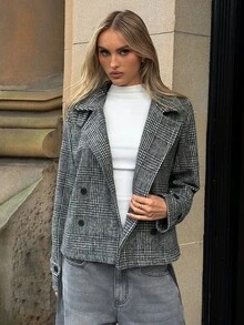 Aloruh Women's Autumn/Winter Double-Breasted Textured Fabric Regular Jacket,New Fall Styles Office Black And White Elegant - Grey - View 3