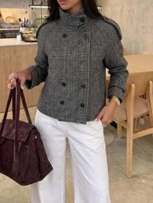 Aloruh Women's Autumn/Winter Double-Breasted Textured Fabric Regular Jacket,New Fall Styles Office Black And White Elegant - Grey - View 1