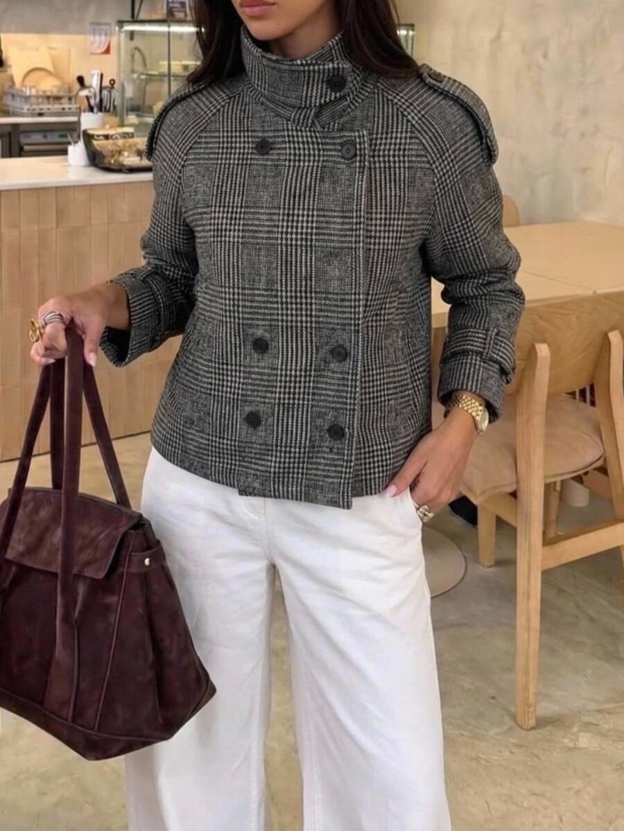 Aloruh Women's Autumn/Winter Double-Breasted Textured Fabric Regular Jacket,New Fall Styles Office Black And White Elegant - Grey - View 1