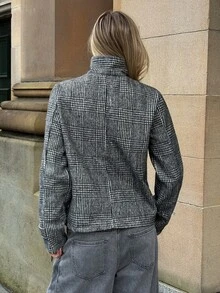 Aloruh Women's Autumn/Winter Double-Breasted Textured Fabric Regular Jacket,New Fall Styles Office Black And White Elegant - Grey - View 2