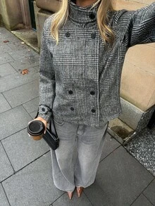 Aloruh Women's Autumn/Winter Double-Breasted Textured Fabric Regular Jacket,New Fall Styles Office Black And White Elegant - Grey - View 7