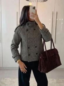 Aloruh Women's Autumn/Winter Double-Breasted Textured Fabric Regular Jacket,New Fall Styles Office Black And White Elegant - Grey - View 9