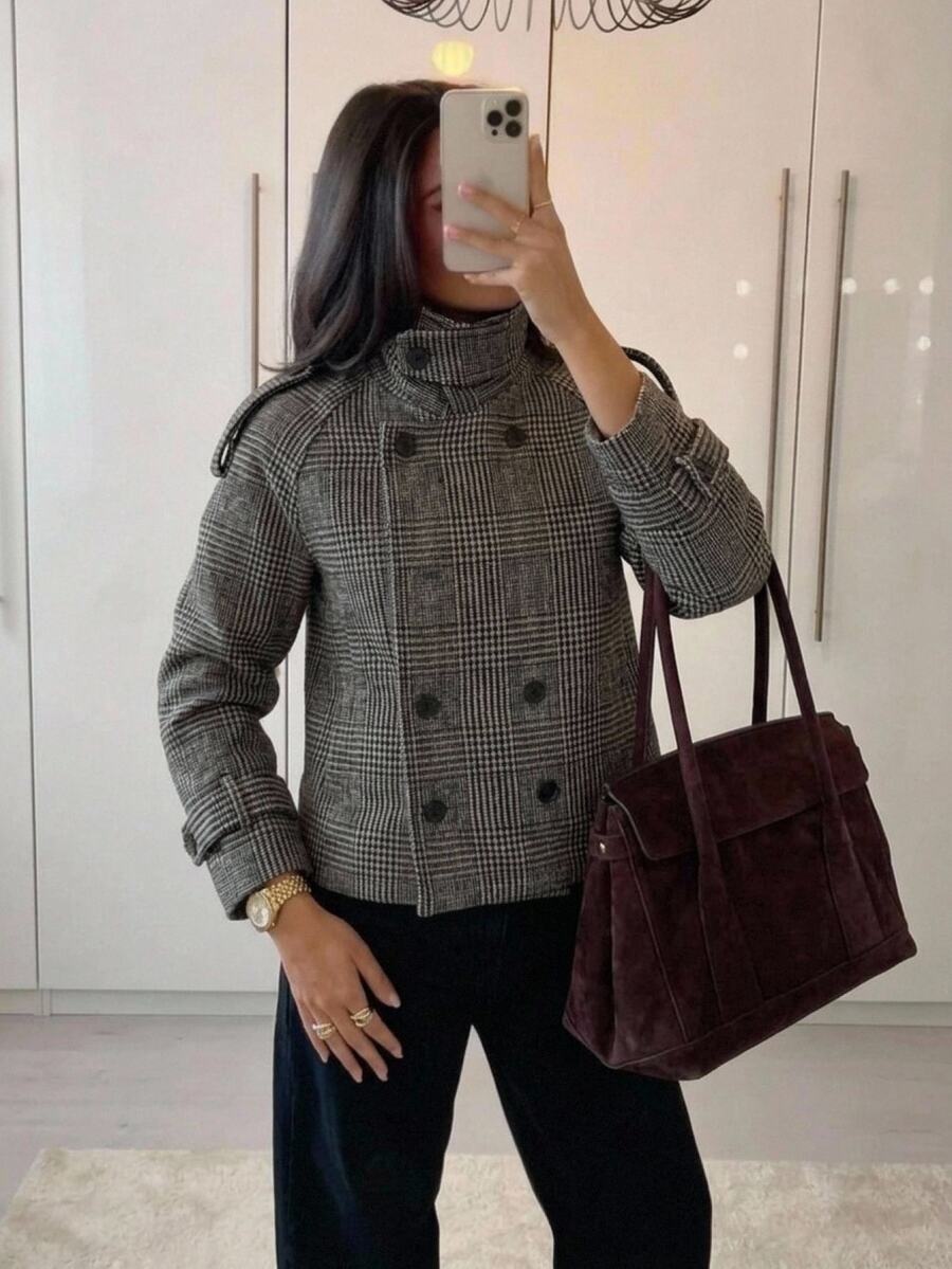 Aloruh Women's Autumn/Winter Double-Breasted Textured Fabric Regular Jacket,New Fall Styles Office Black And White Elegant - Grey - View 1
