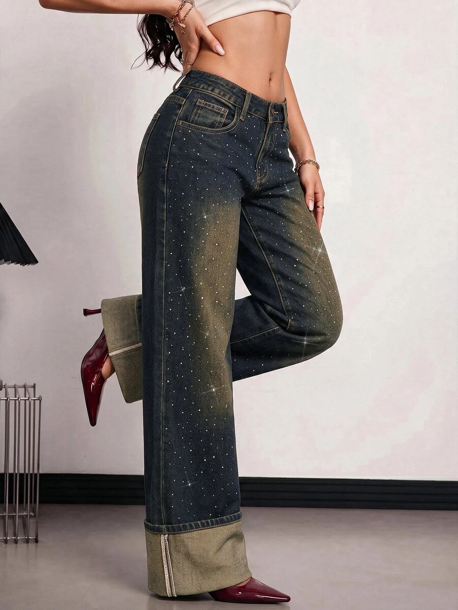 SHEIN PETITE Women's Pocket Rhinestone Embellished Fashion Versatile Wide Leg Jeans - Blue - View 1
