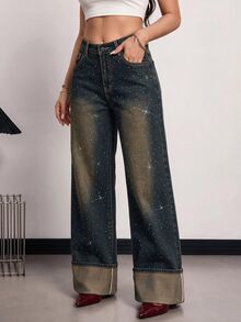SHEIN PETITE 女款口袋水鑽裝飾時尚百搭寬腿牛仔褲 - 藍色 - 查看 6
