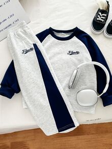 Genkimix Kids 2件組男童刺繡字母圖案海軍藍&灰色對比配色插肩袖運動衫與寬鬆長褲套裝，校園開學秋季運動服 - 灰色 - 查看 5