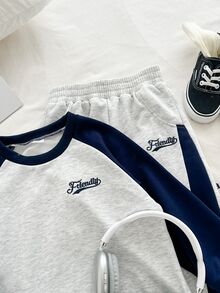 Genkimix Kids 2件組男童刺繡字母圖案海軍藍&灰色對比配色插肩袖運動衫與寬鬆長褲套裝，校園開學秋季運動服 - 灰色 - 查看 6