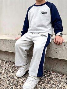 Genkimix Kids 2件組男童刺繡字母圖案海軍藍&灰色對比配色插肩袖運動衫與寬鬆長褲套裝，校園開學秋季運動服 - 灰色 - 查看 2