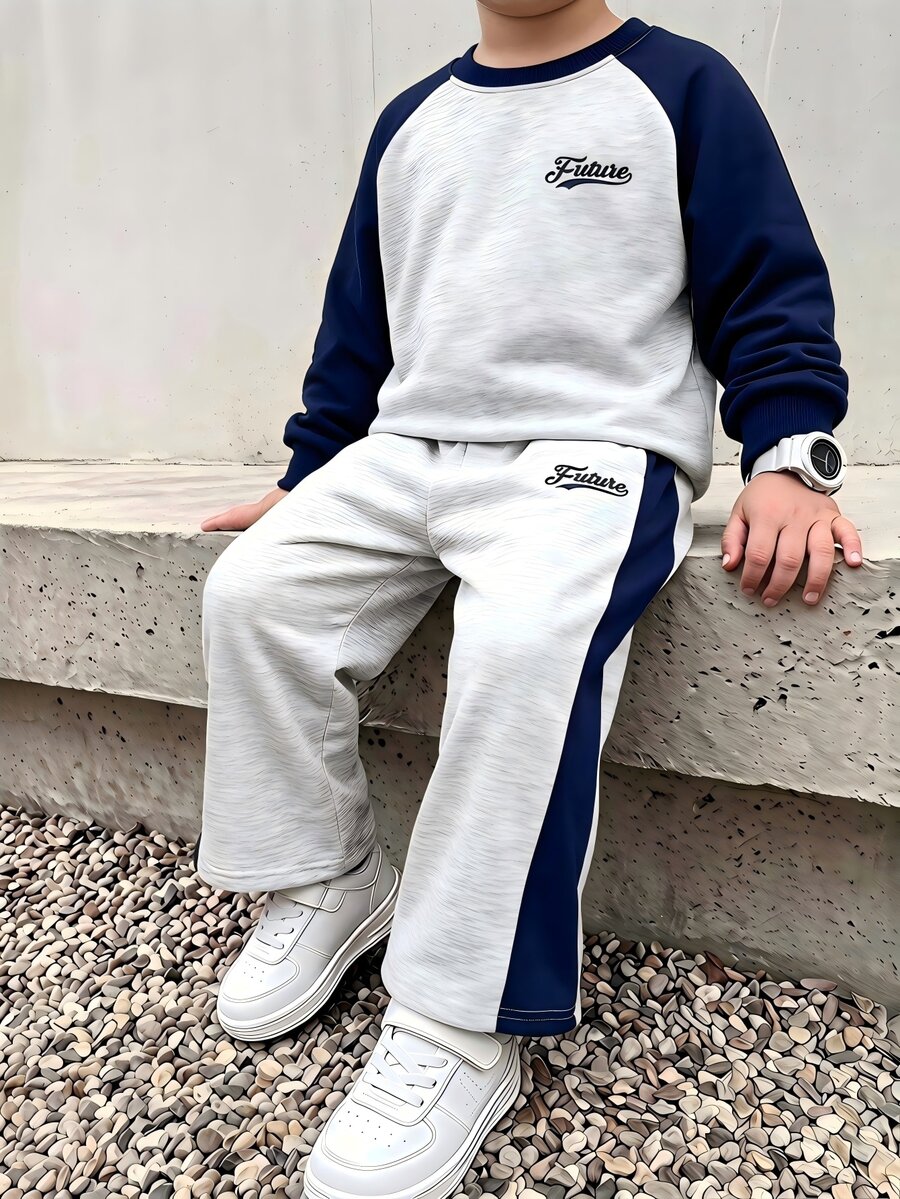 Genkimix Kids 2件組男童刺繡字母圖案海軍藍&灰色對比配色插肩袖運動衫與寬鬆長褲套裝，校園開學秋季運動服