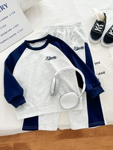 Genkimix Kids 2件組男童刺繡字母圖案海軍藍&灰色對比配色插肩袖運動衫與寬鬆長褲套裝，校園開學秋季運動服 - 灰色 - 查看 8